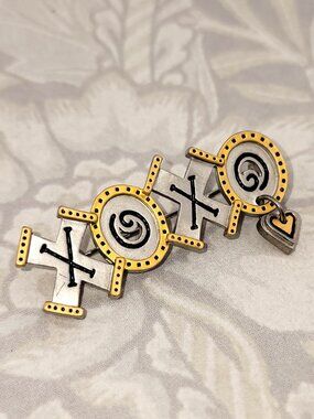 3/$30 Vintage Hallmark XOXO Brooch Pin Pewter Tone Gold Accent Heart Charm